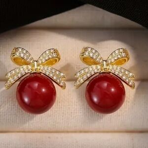💜3/$30 Elegant Red and Gold Bow Earrings